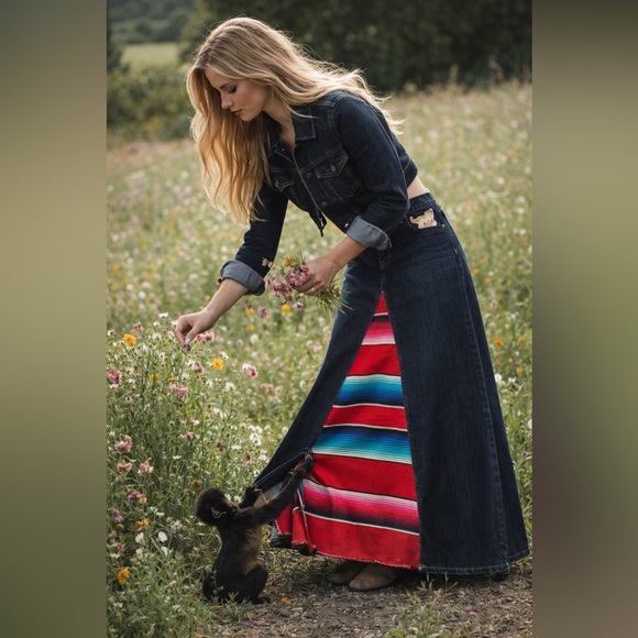 Essentials Dresses & Skirts - Handmade sz 4r reconstructed dark jean skirt authentic Mexican serape inserts